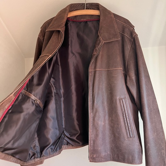 Vintage Leather Bomber Jacket Brown Faded Distressed Oversized Boxy Zip Coat - Picture 8 of 10